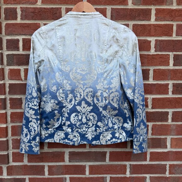 Chicos Novelty Foiled Pattern Jacket Size 4 Small White Blue Ombre Dip Dye - Picture 3 of 11